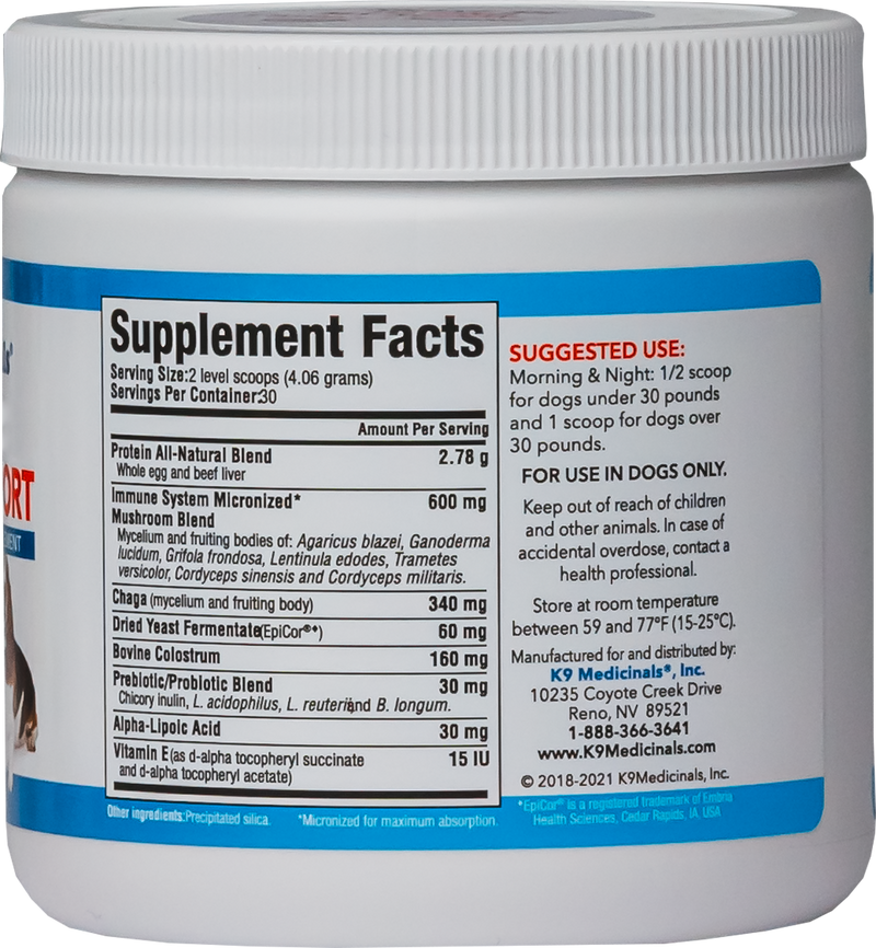 supplement facts and instructions. k9 medicinals immune support bottle powder form. canine wellness dietary supplement. canine cancer supplement. antioxidant and probiotic for dogs