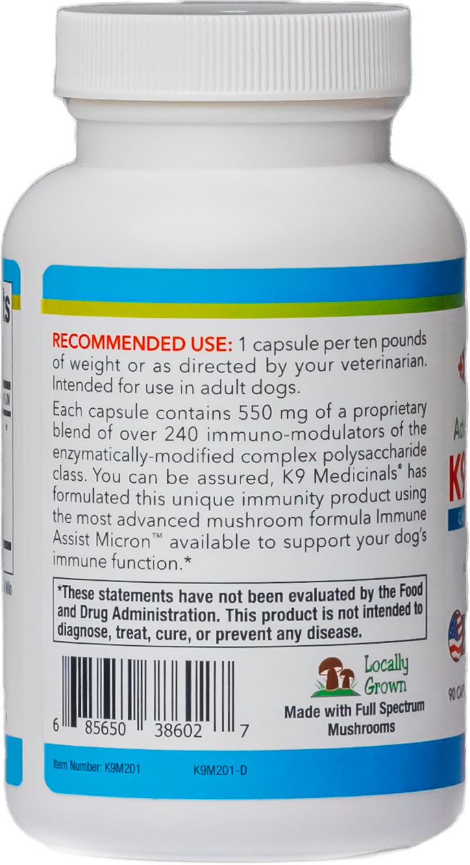 dosage and instructions. K9 Medicinals® Immune Support - K9medicinals.com. k9 medicinals immune support bottle capsule form. canine wellness dietary supplement. canine cancer supplement. antioxidant and probiotic for dogs