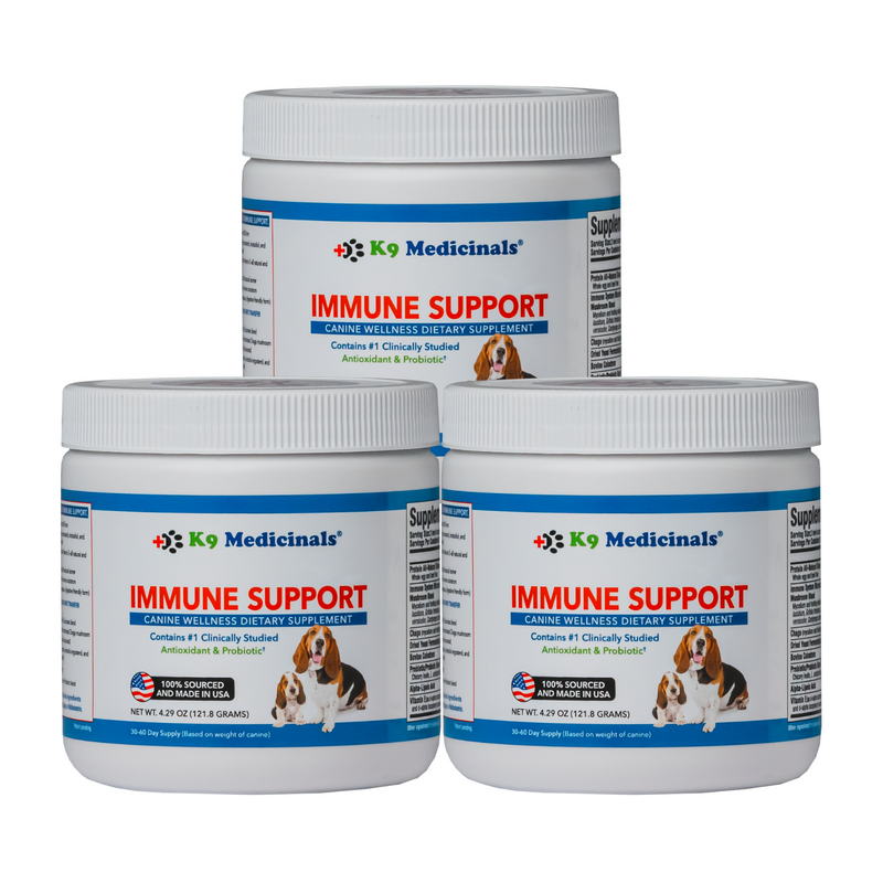 bundle of three. k9 medicinals immune support bottle powder form. canine wellness dietary supplement. canine cancer supplement. antioxidant and probiotic for dogs