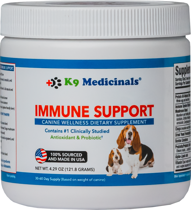 k9 medicinals immune support bottle powder form. canine wellness dietary supplement. canine cancer supplement. antioxidant and probiotic for dogs