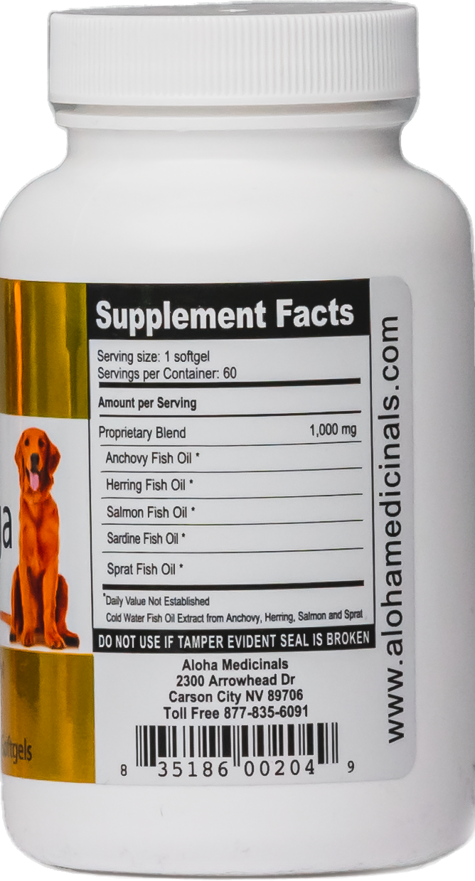 supplement facts. k9 omega fish oil supplement for dogs 60 softgels aloha medicinals k9medicinals.com