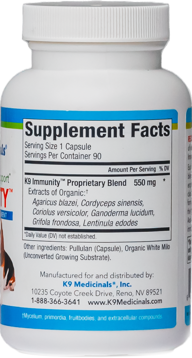 supplement facts. K9 Medicinals® Immune Support - K9medicinals.com. k9 medicinals immune support bottle capsule form. canine wellness dietary supplement. canine cancer supplement. antioxidant and probiotic for dogs